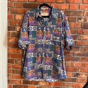 American Terrain mens vintage 90’s geometric button down shirt blue 3XL